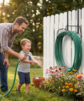 Father and son watering garden using a heavy duty metal hose stand with wall mount, holding hose organized off the ground