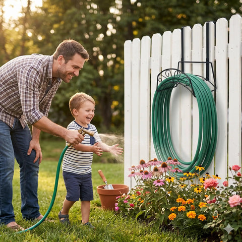 Father and son watering garden using a heavy duty metal hose stand with wall mount, holding hose organized off the ground