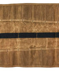 Heavy Duty Tool Roll Bag With 18 Pockets And Pouch Made From Waxed Canvas 26 Inch Unrolled Showing Pockets and Buckles