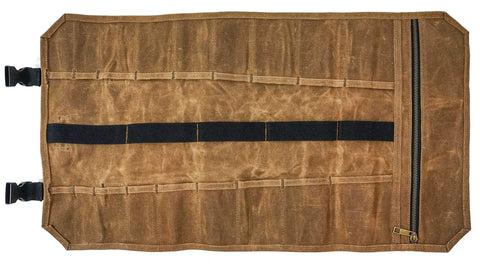 Heavy Duty Tool Roll Bag With 18 Pockets And Pouch Made From Waxed Canvas 26 Inch Unrolled Showing Pockets and Buckles