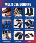 Heavy Duty Shoe Glue With Built In Brush And Precision Nozzle For Sneakers, Boots, Heels, Crocs And More Ultra Strong Bond Flexible Repair Works Under Extreme Conditions displayed with various shoe types like leather shoes and sports shoes.