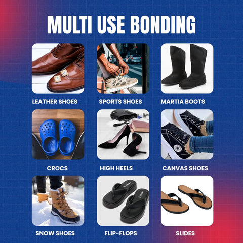 Heavy Duty Shoe Glue With Built In Brush And Precision Nozzle For Sneakers, Boots, Heels, Crocs And More Ultra Strong Bond Flexible Repair Works Under Extreme Conditions displayed with various shoe types like leather shoes and sports shoes.