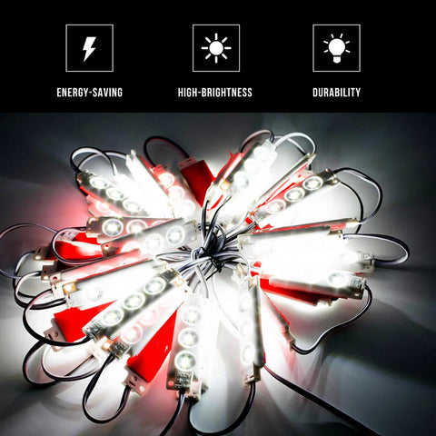 Ultra Bright 60ft LED Light Kit With Pure White 5630 Modules Three 20ft Runs Plus Splitter Cable UL Listed 12V AC Power Supply Low Heat High Efficiency For Outdoor Storefront Signage That Pops arranged in circular layout showcasing bright glow and energy-saving features.