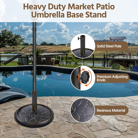 Heavy Duty Bronze 18 Inch Patio Umbrella Base All Weather Resin Stand 26 Lb Outdoor Garden Yard Stabilizer beside pool