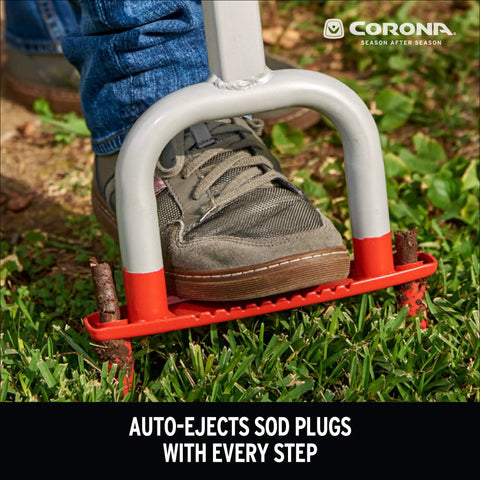 Person using Yardbreather Manual Core Lawn Aerator With Heat Treated Steel Footplate And Spikes, close-up on foot and tool.