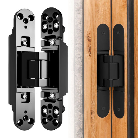Hidden Door Hinge Kit For Secret Doors With 3 Way Adjustable Concealed Hinges, Zinc Alloy, Black Finish, Installed