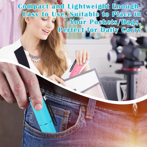 Woman placing compact ultraviolet flashlight into pocket with text overlay about ease of carrying, showcasing Three Pack Ultraviolet Black Light Flashlights 395nm With 9 LED UV Beams For Pet Urine Detection, Counterfeit Money, Scorpions, HVAC Leaks, Hotel Cleanliness And Fluorescent Materials