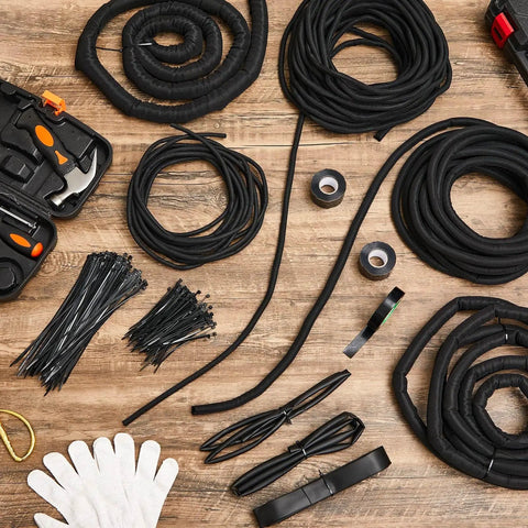 Split Wire Loom Sleeve Master Kit for Vehicles on wooden surface, includes various split sleeves, silicone tape, and locking ties.