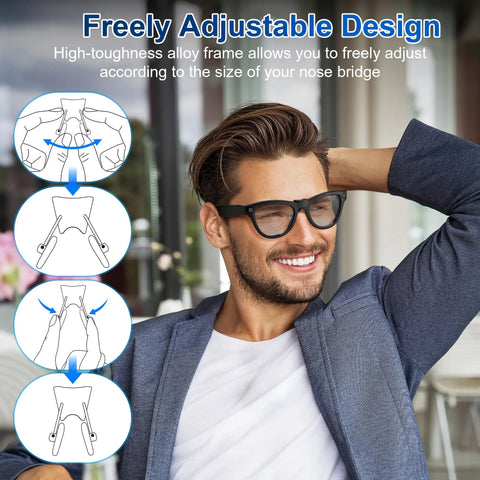 Man wearing glasses with illustrations showing silicone nose pads for RayBan Meta Wayfarer Gen 1 2 ClipOn Anti Slip Eyewear Nose Holder Replacement