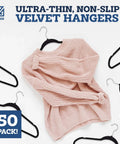 Black Velvet Hangers 50 Pack For Clothes, Non Slip Coat Hangers With 360 Degree Swivel Hooks, holding pink sweater