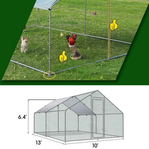 Heavy-Duty Metal Chicken Coop With Round Top Spire Roof And Tri-Support Wire Mesh Run Water-Resistant Cover for outdoor use.