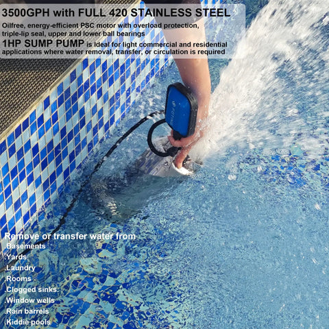 1HP Submersible Sump Pump With Float Switch Auto And Manual Modes 3500 GPH Stainless Steel Construction Handles Solids Do It All For Basements Gardens And Ponds