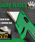 Beefy Retractable Utility Knife With SK2M TAC Tetracarbon Coated Blades And Zinc Alloy Handle For Clean Precise Cuts And Up To 28x Longer Blade Life For Everyday Use, green blade close-up
