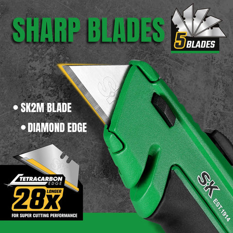 Beefy Retractable Utility Knife With SK2M TAC Tetracarbon Coated Blades And Zinc Alloy Handle For Clean Precise Cuts And Up To 28x Longer Blade Life For Everyday Use, green blade close-up