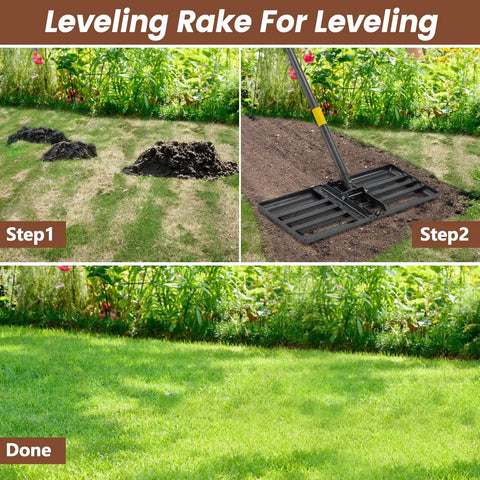 Pro Grade Heavy Duty Lawn Leveling Rake with 30x10 foldable leveler plate and 6 ft stainless steel shaft leveling soil on lawn