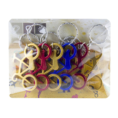 Compact Bike Bottle Opener Keychain Set Six Pack Lightweight Under Thirty Grams Everyday Carry EDC Gear, assorted colors in packaging.
