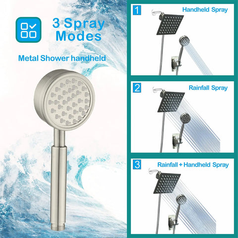 Diagram of 6 Inch High Pressure Rainfall Shower Head With Handheld showing stainless steel square chrome head and hose