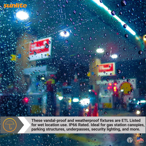 Rain-covered gas station canopy with LED lighting, highlighting ETL Listed IP66 vandal-proof fixtures for wet locations.