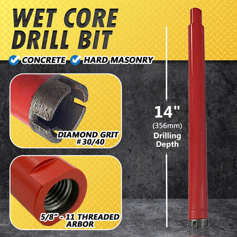 1.5 Inch Wet Core Drill Bit For Concrete And Hard Masonry With Diamond Hole Saw, 14 Inch Drilling Depth, Arbor Size Five Eighths Inch Eleven