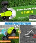 Cordless Weed Wacker 12V Battery Powered With 65 Inch Adjustable Pole Lightweight 3.72 Lb Grass Trimmer showing cutting width and protective design