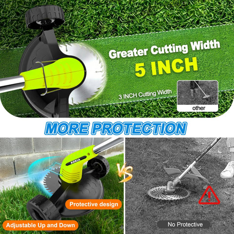 Cordless Weed Wacker 12V Battery Powered With 65 Inch Adjustable Pole Lightweight 3.72 Lb Grass Trimmer showing cutting width and protective design