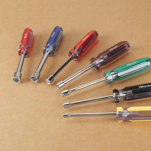 Color Coded SAE Nut Driver Set, 7-Piece With 1/2, 7/16, 3/8, 11/32, 5/16, 1/4, 3/16 Inch Sizes, Handy Color Handles For Quick Size ID