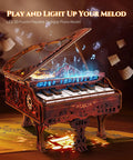 3D Wood Puzzle Piano Kit With LED Lights showcasing wooden keyboard model in vintage style, glowing LED lights