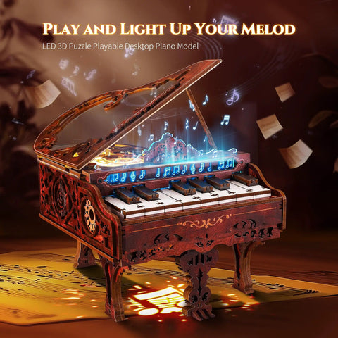 3D Wood Puzzle Piano Kit With LED Lights showcasing wooden keyboard model in vintage style, glowing LED lights