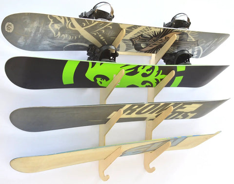 Premium Baltic Birch Wall Mount Snowboard Rack And Ski Holder For Four Boards displaying four snowboards with heavy duty adjustable arms.
