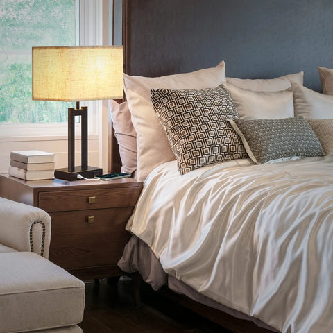 Bedroom with Table Lamps Set Of 2 With USB Charging Ports And AC Outlet, 3 Way Dimmable Touch Control Nightstand Lamps, Beige Linen Shade, LED Bulb Included