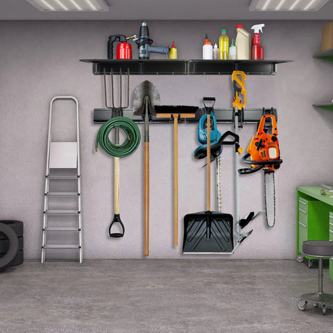 Garage Tool Storage Rack 12 Piece With Wall Shelf And Heavy Duty Hanger System For Power Tools, Mops, Garden Tools, Rakes, Shovels, Bikes And More - Wall Mounted Metal Organizer For A Clutter Free Workshop