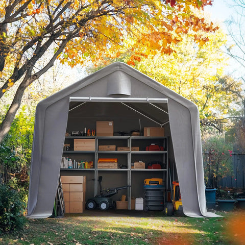 10x12 Foot Backyard Outdoor Storage Shed and Portable Workshop Shelter With Roll Up Mesh Windows Heavy Duty Garage For Riding Mower And Garden Equipment Waterproof Tent With Reinforced Frame Silver Gray in garden setting with open front showing shelves and equipment inside.
