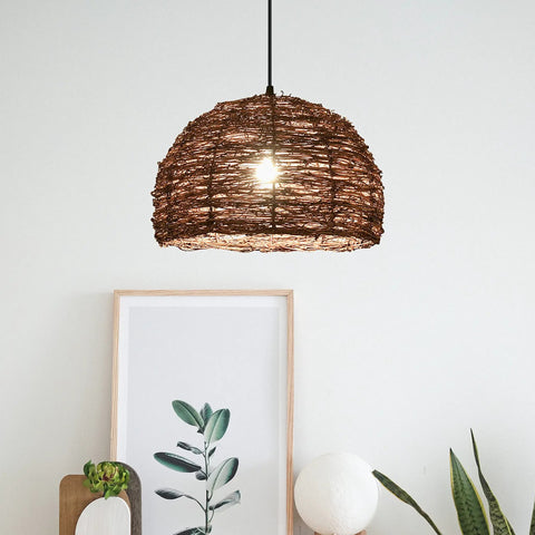 Cozy Vibe Rattan Pendant Light Fixture With Beach Wicker Dome Shade, Adjustable Hanging Cord Up To 47 Inches in room setting