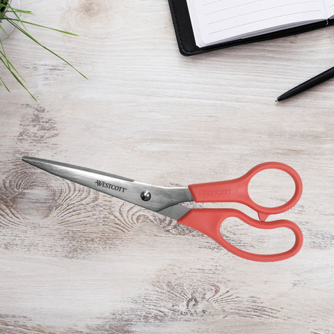 8 Inch All Purpose Stainless Steel Scissors For Paper Ribbon And Photos Red Handle Lightweight Comfort Grip Precision Cut Everyday Crafting Tool Ideal For Light Duty Projects on desk