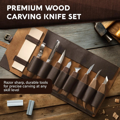 All In One Ultimate Starter Whittling Wood Carving Kit For Beginners With Eight Carving Knives and Sharpening Strop in Roll Bag