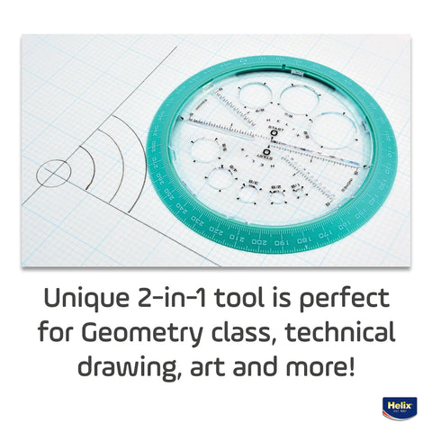 All-In-One Angle And Circle Maker With Integrated Circle Templates And 360 Degree Rotation, 6 Inch And 15 Cm Size, Beveled Edges, Slot Guides, Inside Rotating Disk, Assorted Colors, Protractor And Compass Hybrid Tool on graph paper