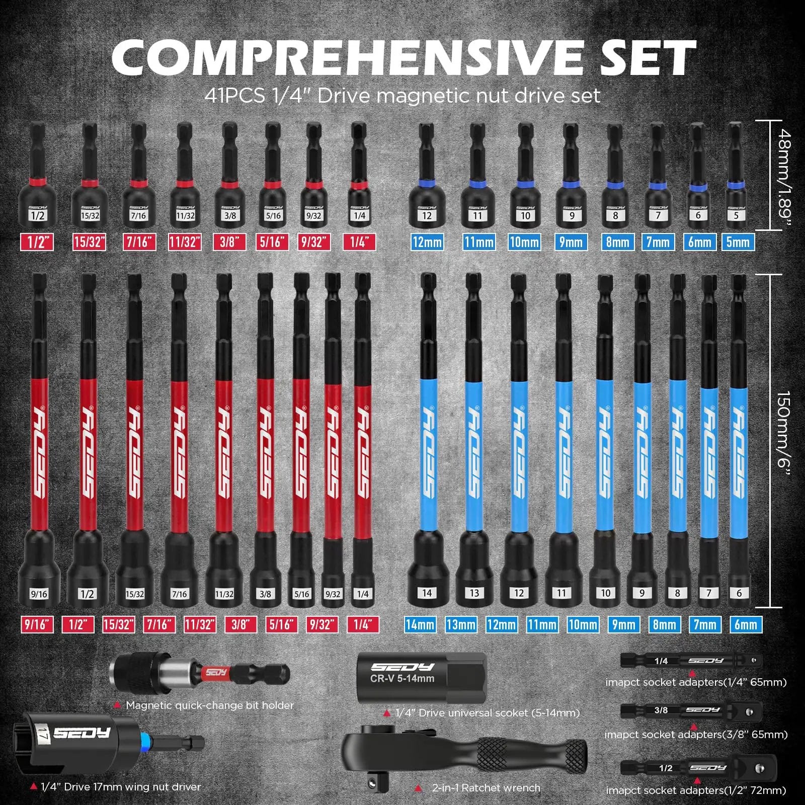 41 Piece Magnetic Impact Nut Driver Set | Versatile Tool✓