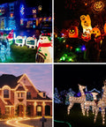 Collage of outdoor holiday decorations with lights including reindeer, snowman, Santa, and pumpkins at night.