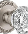 Close-up of Newport Rosette with Chambord Crystal Knob for Passage Doors No Locking Needed Satin Nickel Finish 2.375 Backset