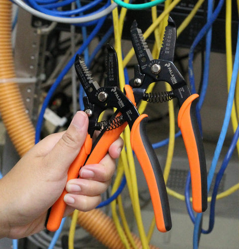 All In One Wire Stripper Bundle For 22-10 And 30-20 AWG With Ergonomic 22 Degree Handle Angle in use, orange color in hand