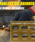 Close-up of a user holding a Killer Cordless Die Grinder engineered to ride on popular 20V packs, cutting metal.