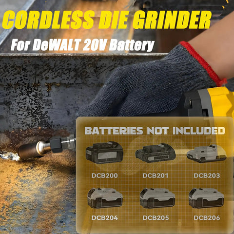Close-up of a user holding a Killer Cordless Die Grinder engineered to ride on popular 20V packs, cutting metal.