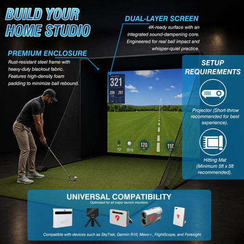 Golf Simulator Enclosure 10 x 8 Ft With Dual Layer Impact Screen Anti Rebound Hitting Cage For Indoor Garage Practice