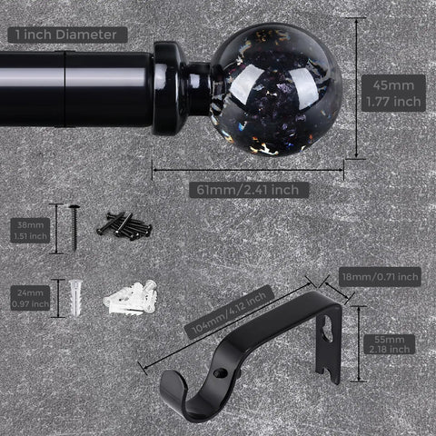 Heavy Duty Black Curtain Rod For Windows 48 To 84 Inches, 1 Inch Adjustable Drapery Rod With Crystal Ball Finials, installation hardware