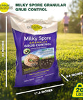 20 lb bag Milky Spore Granular Japanese Beetle Grub Control for lawns, organic and safe for pets, adults walking in background.