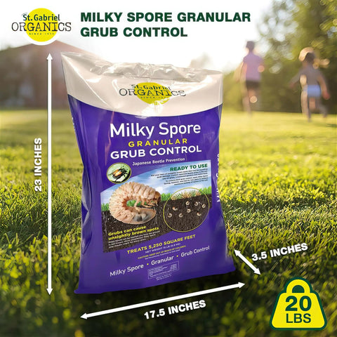 20 lb bag Milky Spore Granular Japanese Beetle Grub Control for lawns, organic and safe for pets, adults walking in background.