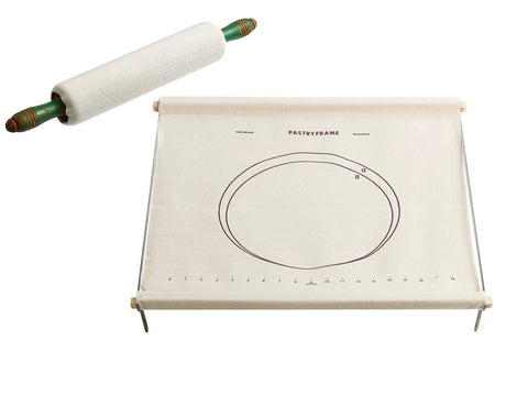 Collapsible Pastry Cloth With Wooden Frame And Rolling Pin Cover Nonstick 20 Inch By 20 Inch with Printed Pie Crust Guides