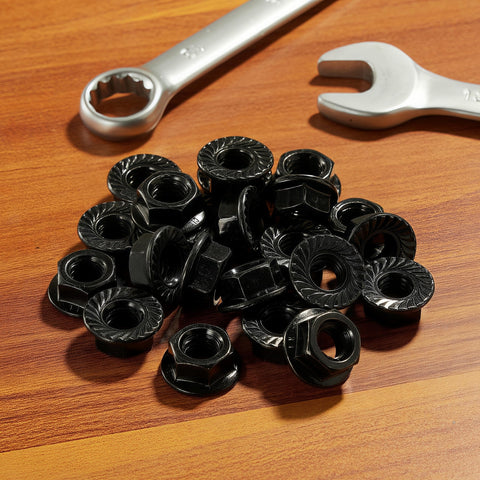 Heavy Duty M8x1.25mm Metric Serrated Hex Flange Nuts Built Tough With Rock Solid Grade 10.9 Alloy Steel And Premium Black Oxide Finish For Secure Grip Shop Grade Auto Fastening 25 Pack placed on wooden surface.