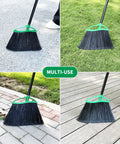 Heckin Tough Heavy Duty Brooms Two Pack With 55 Inch Long Handles angled head, used on various surfaces for effective cleaning.