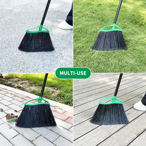 Heckin Tough Heavy Duty Brooms Two Pack With 55 Inch Long Handles angled head, used on various surfaces for effective cleaning.
